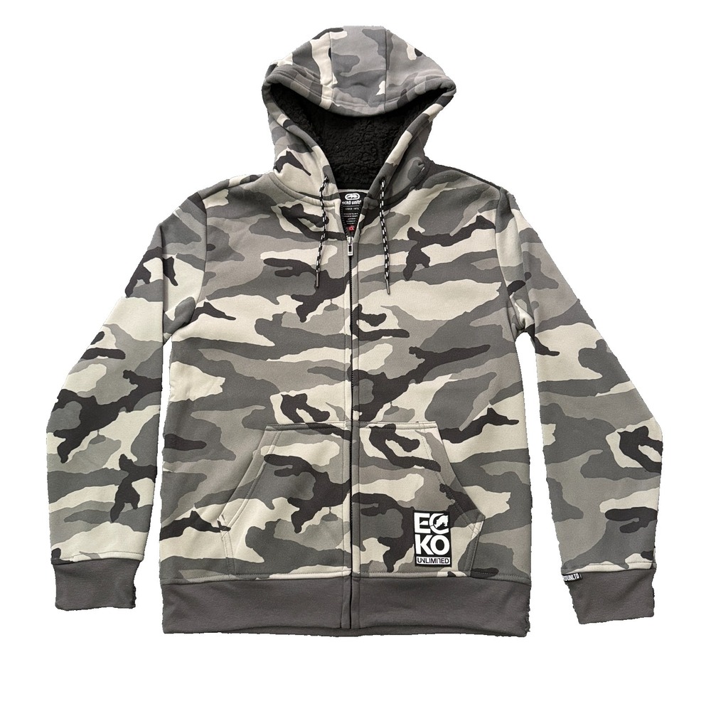 Ecko Unltd Mens Small Sherpa Lined Hoodie‎ Gray Camo Full Zip Sweatshirt NWT